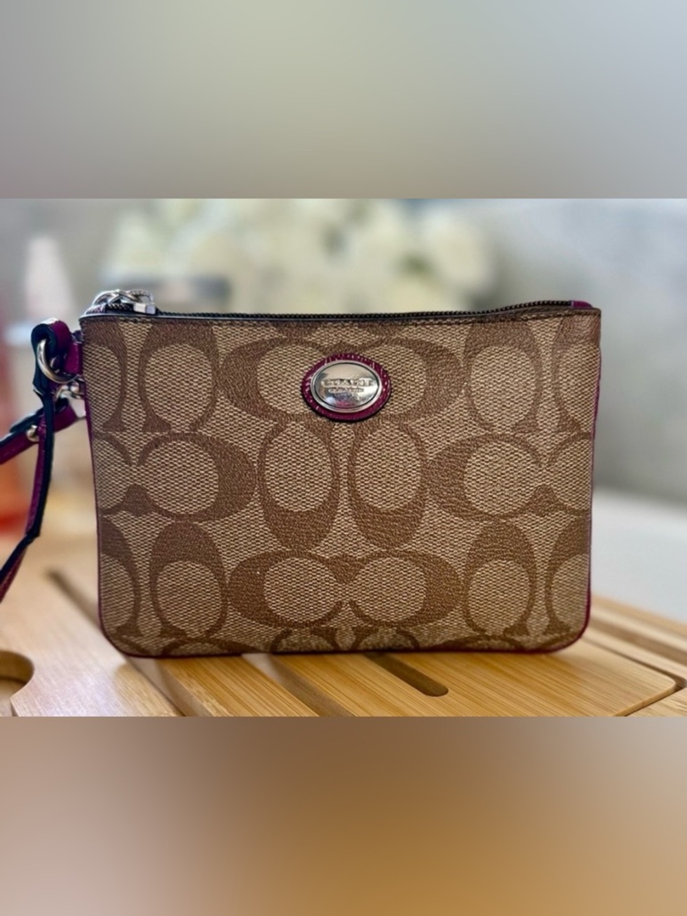 Coach Brown Signature Wristlet with Purple Trim & Interior - Picture 3 of 5